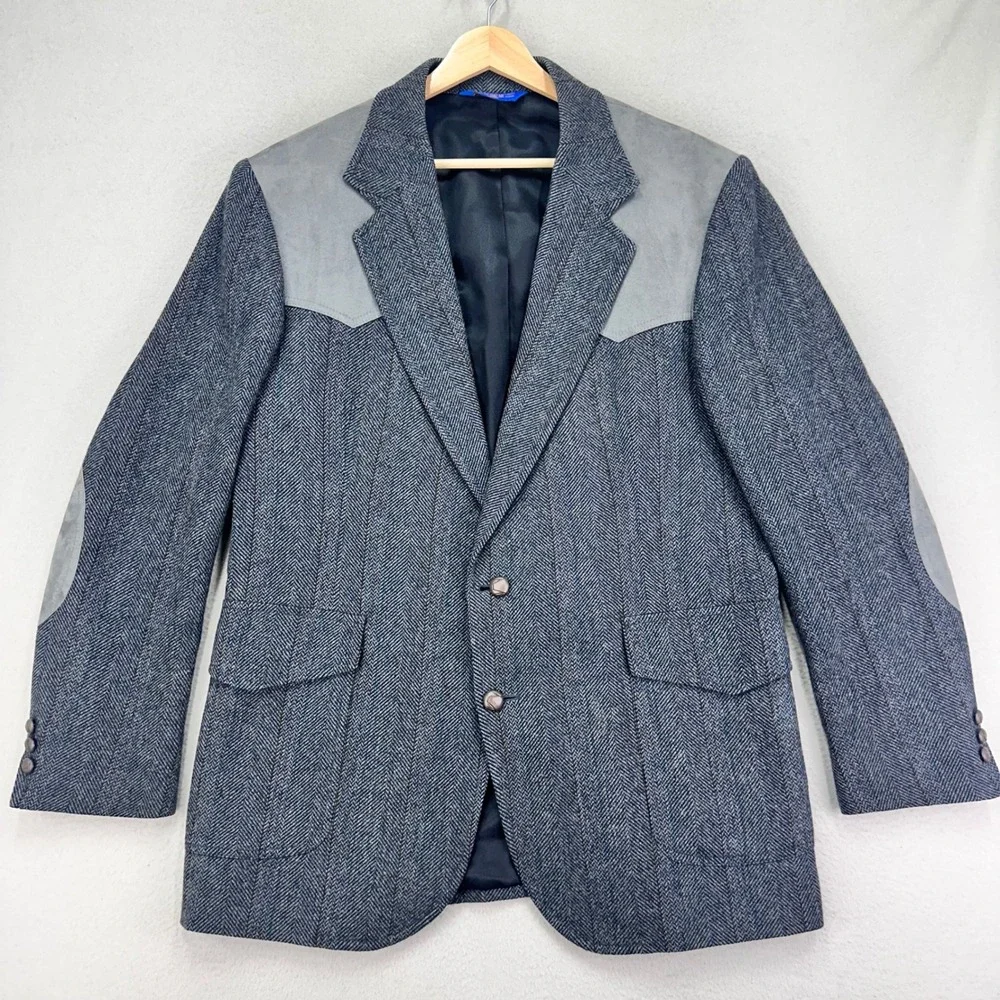 VTG Pendleton Blazer Jacket Mens‎ 44 Long Grey Herringbone Wool/Suede Western